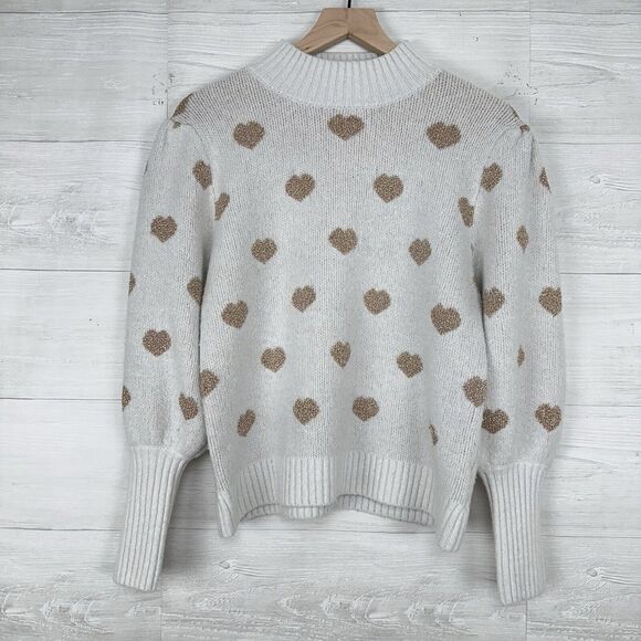 Anthropologie Hearts Sweater Women L Neutral Gold Puff Sleeve High Neck Pullover - Picture 15 of 16